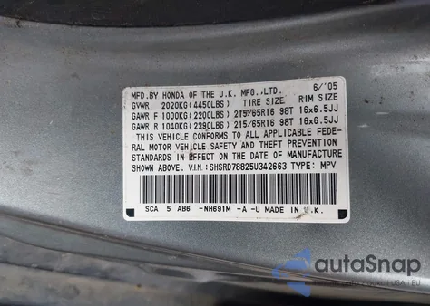 2005 Honda Cr-V Ex z USA, uszkodzony, nr VIN SHSRD78825U342663